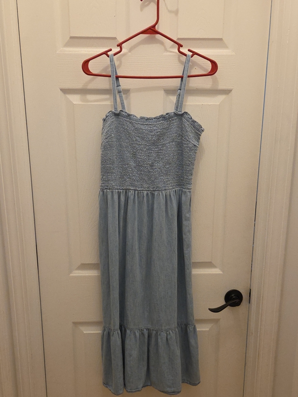 Chambray Smocked Sundress with Ruffle Hem